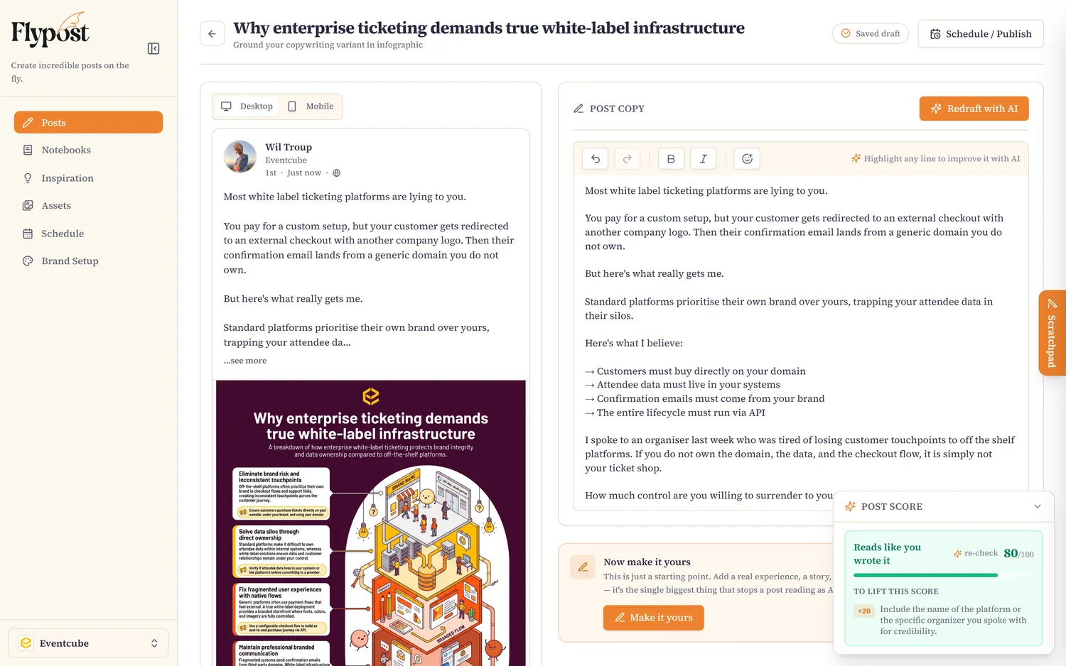 The Flypost post editor with a branded infographic previewed exactly as it will appear on LinkedIn